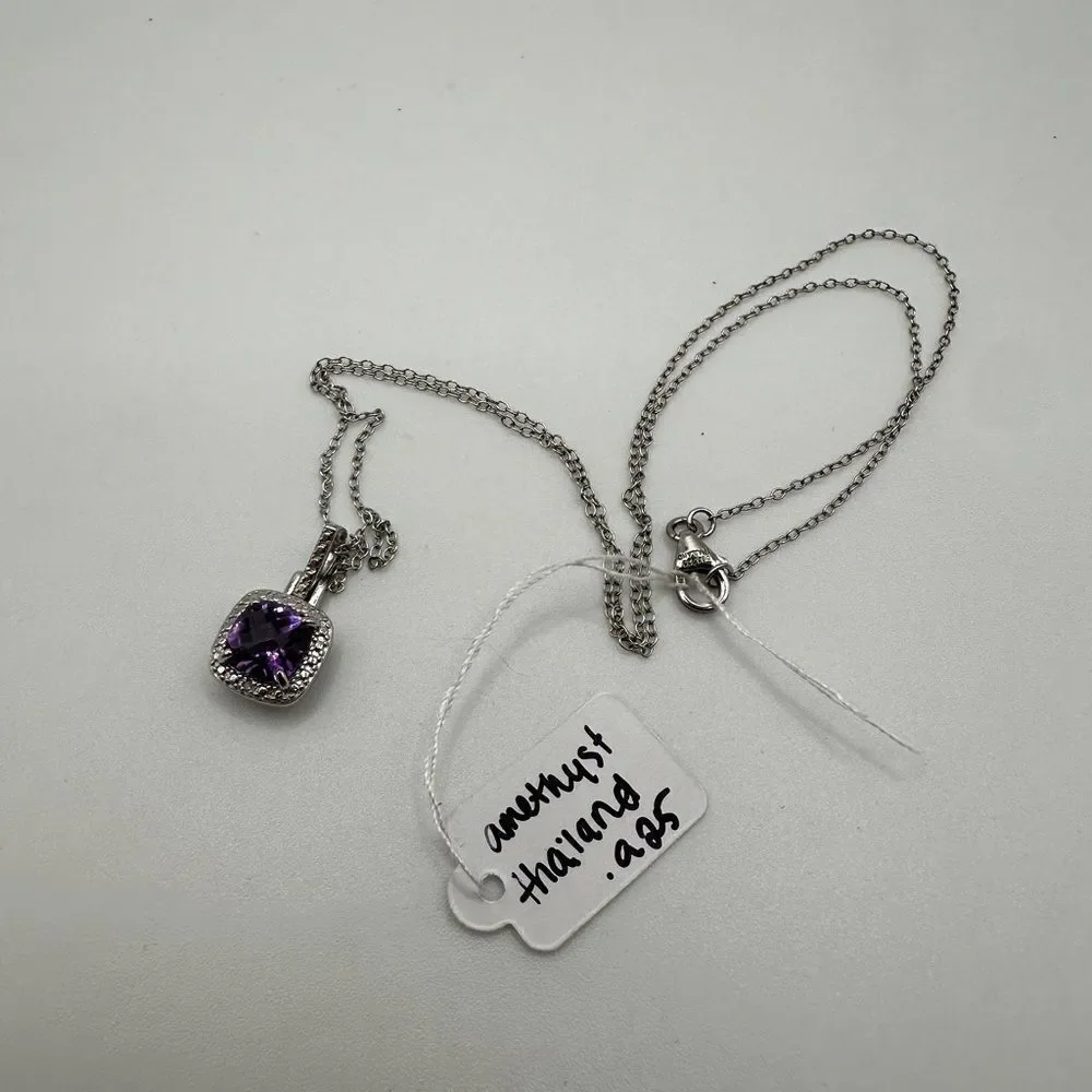 Stunning checkboard faceted cushion cut‎ amethyst necklace in sterling silver!